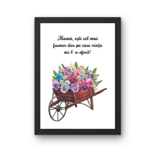 Tablou cu mesaj la multi ani mama si roaba plina de flori colorate, cadou emotionant pentru zi de nastere