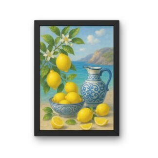 tablou mediteranean cu lamai, cu mare albastra, ulcior ceramic albastru, bol decorativ si flori albe, imprimat pe foaie mata in rama neagra