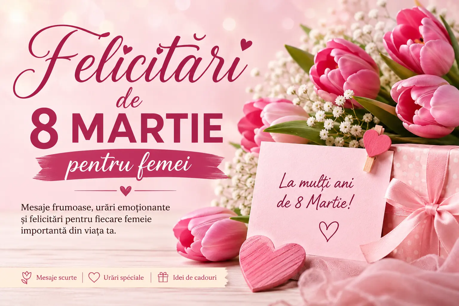 Felicitari de 8 martie pentru femei cu flori roz, cadou simbolic si mesaj La multi ani de Ziua Femeii